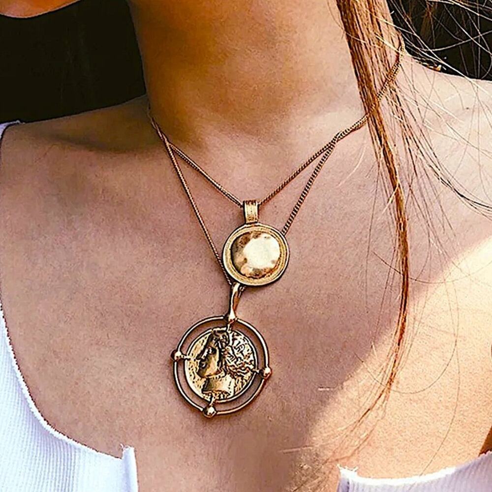 Gold Coin Pendant Necklace, Multilayer, Charm, Boho, Medallion